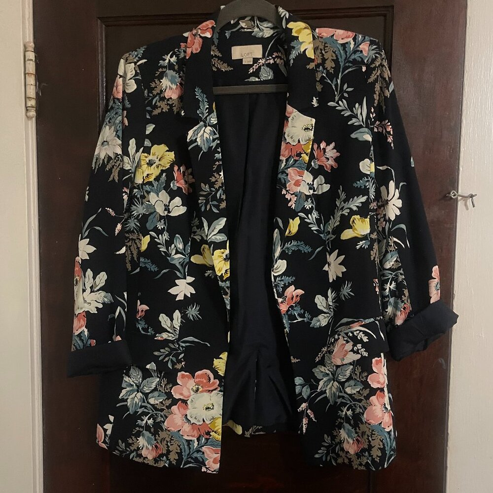 Loft Long Floral Navy Blazer, Jacket with Floral Pattern, Suit Coat - Size 4